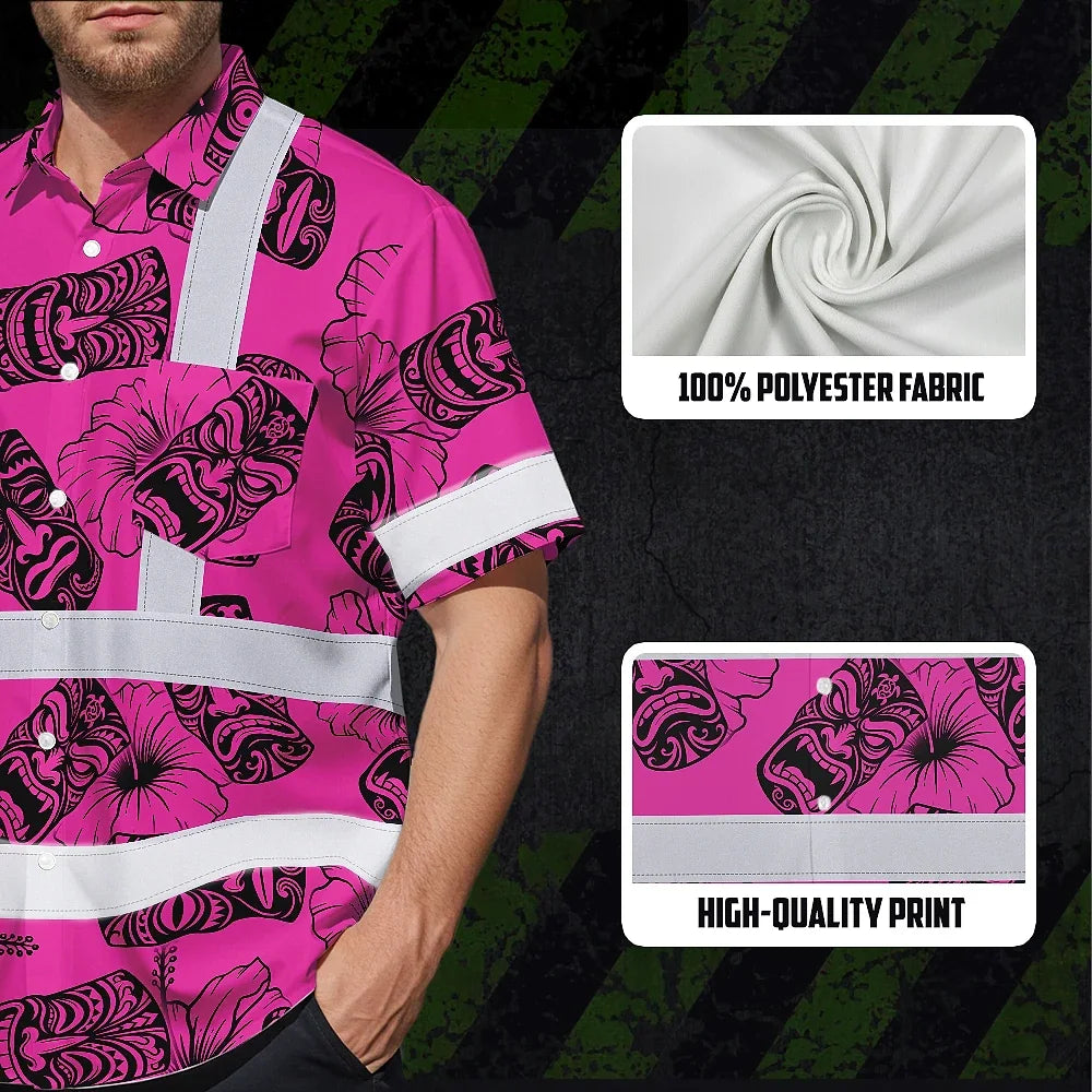 Hi Vis Hawaiian Shirt Reflective Tapes Pink Tiki Custom Name Safety Workwear For Workers, Truckers, Operators