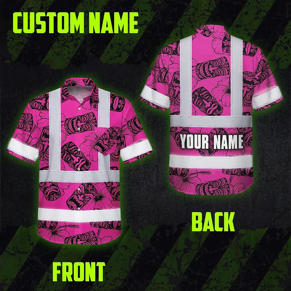 Hi Vis Hawaiian Shirt Reflective Tapes Pink Tiki Custom Name Safety Workwear For Workers, Truckers, Operators