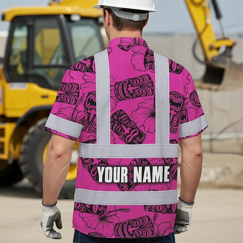 Hi Vis Hawaiian Shirt Reflective Tapes Pink Tiki Custom Name Safety Workwear For Workers, Truckers, Operators