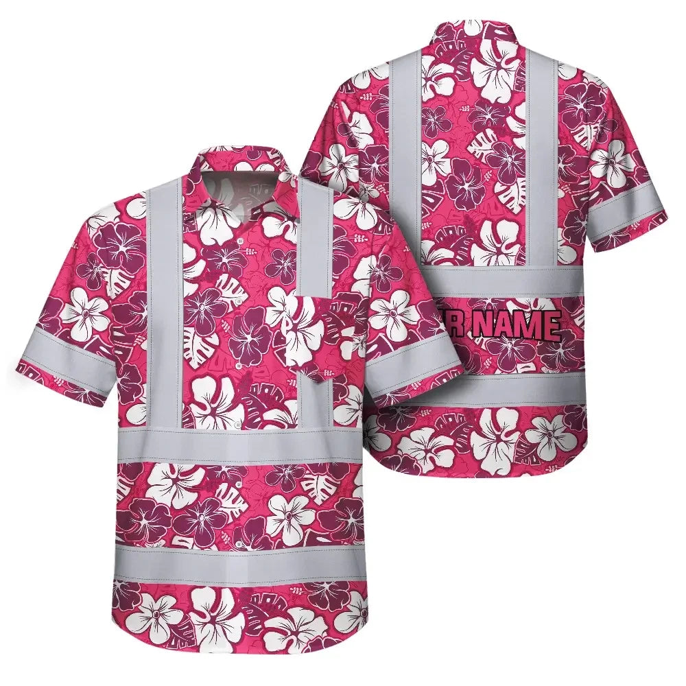 Hi Vis Hawaiian Shirt Reflective Tapes Pink Violet Flowers Custom Name Safety Workwear For Workers, Truckers, Operators