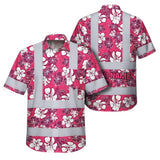 Hi Vis Hawaiian Shirt Reflective Tapes Pink Violet Flowers Custom Name Safety Workwear For Workers, Truckers, Operators