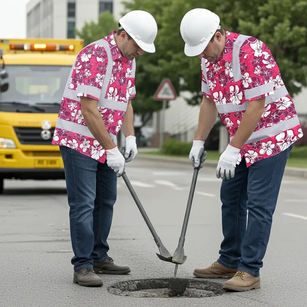 Hi Vis Hawaiian Shirt Reflective Tapes Pink Violet Flowers Custom Name Safety Workwear For Workers, Truckers, Operators