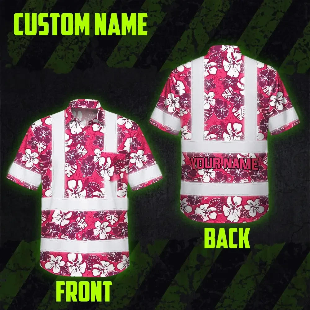 Hi Vis Hawaiian Shirt Reflective Tapes Pink Violet Flowers Custom Name Safety Workwear For Workers, Truckers, Operators