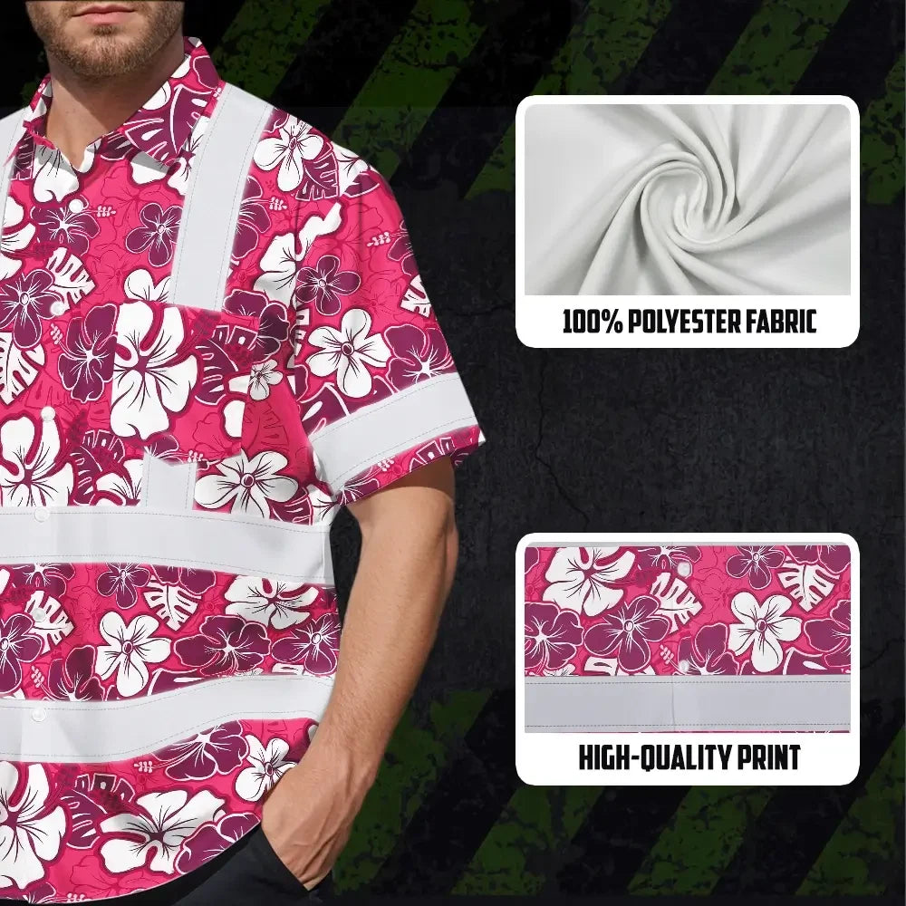 Hi Vis Hawaiian Shirt Reflective Tapes Pink Violet Flowers Custom Name Safety Workwear For Workers, Truckers, Operators