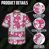 Hi Vis Hawaiian Shirt Reflective Tapes Pink Violet Flowers Custom Name Safety Workwear For Workers, Truckers, Operators