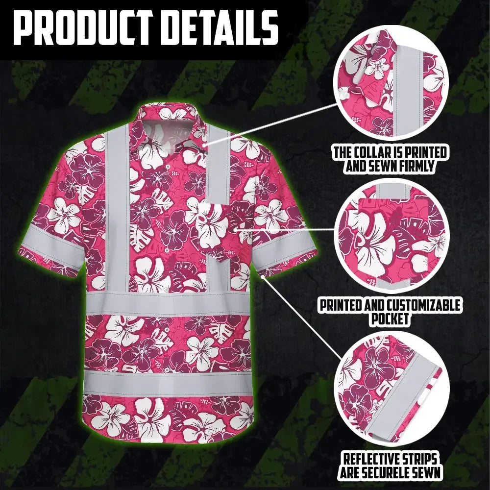 Hi Vis Hawaiian Shirt Reflective Tapes Pink Violet Flowers Custom Name Safety Workwear For Workers, Truckers, Operators