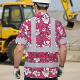 Hi Vis Hawaiian Shirt Reflective Tapes Pink Violet Flowers Custom Name Safety Workwear For Workers, Truckers, Operators