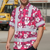 Hi Vis Hawaiian Shirt Reflective Tapes Pink Violet Flowers Custom Name Safety Workwear For Workers, Truckers, Operators