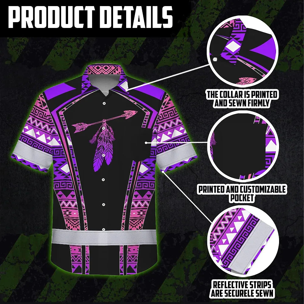 Hi Vis Hawaiian Shirt Reflective Tapes Pink Violet Neon Native Custom Name Safety Workwear For Workers, Truckers, Operators