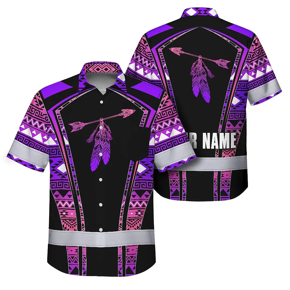 Hi Vis Hawaiian Shirt Reflective Tapes Pink Violet Neon Native Custom Name Safety Workwear For Workers, Truckers, Operators