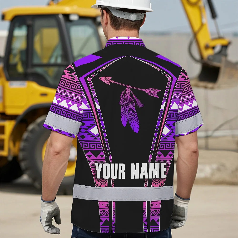 Hi Vis Hawaiian Shirt Reflective Tapes Pink Violet Neon Native Custom Name Safety Workwear For Workers, Truckers, Operators