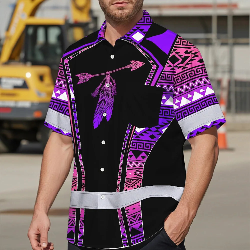 Hi Vis Hawaiian Shirt Reflective Tapes Pink Violet Neon Native Custom Name Safety Workwear For Workers, Truckers, Operators