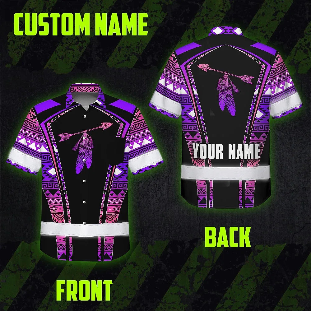 Hi Vis Hawaiian Shirt Reflective Tapes Pink Violet Neon Native Custom Name Safety Workwear For Workers, Truckers, Operators