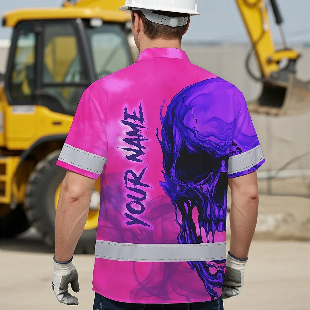 Hi Vis Hawaiian Shirt Reflective Tapes Pink Violet Skull Custom Name Safety Workwear For Workers, Truckers, Operators