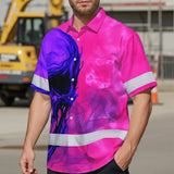 Hi Vis Hawaiian Shirt Reflective Tapes Pink Violet Skull Custom Name Safety Workwear For Workers, Truckers, Operators