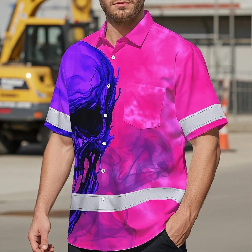 Hi Vis Hawaiian Shirt Reflective Tapes Pink Violet Skull Custom Name Safety Workwear For Workers, Truckers, Operators
