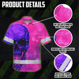 Hi Vis Hawaiian Shirt Reflective Tapes Pink Violet Skull Custom Name Safety Workwear For Workers, Truckers, Operators