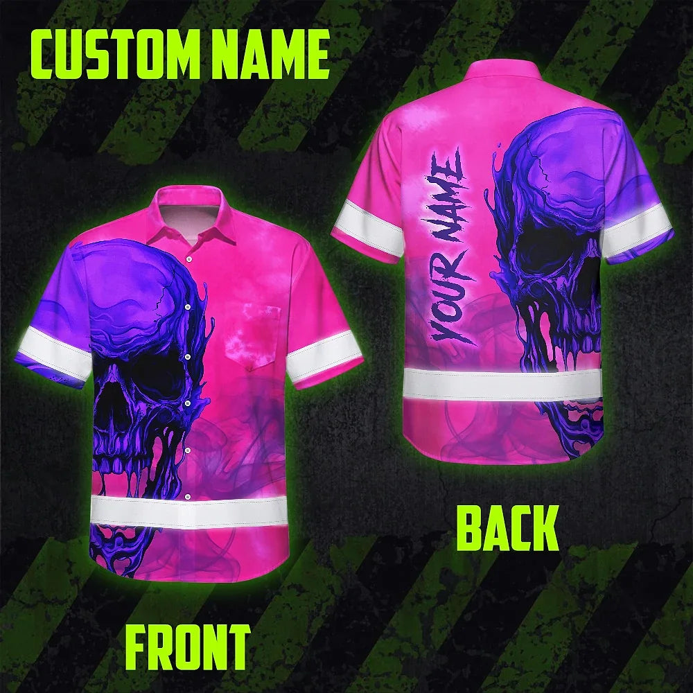Hi Vis Hawaiian Shirt Reflective Tapes Pink Violet Skull Custom Name Safety Workwear For Workers, Truckers, Operators