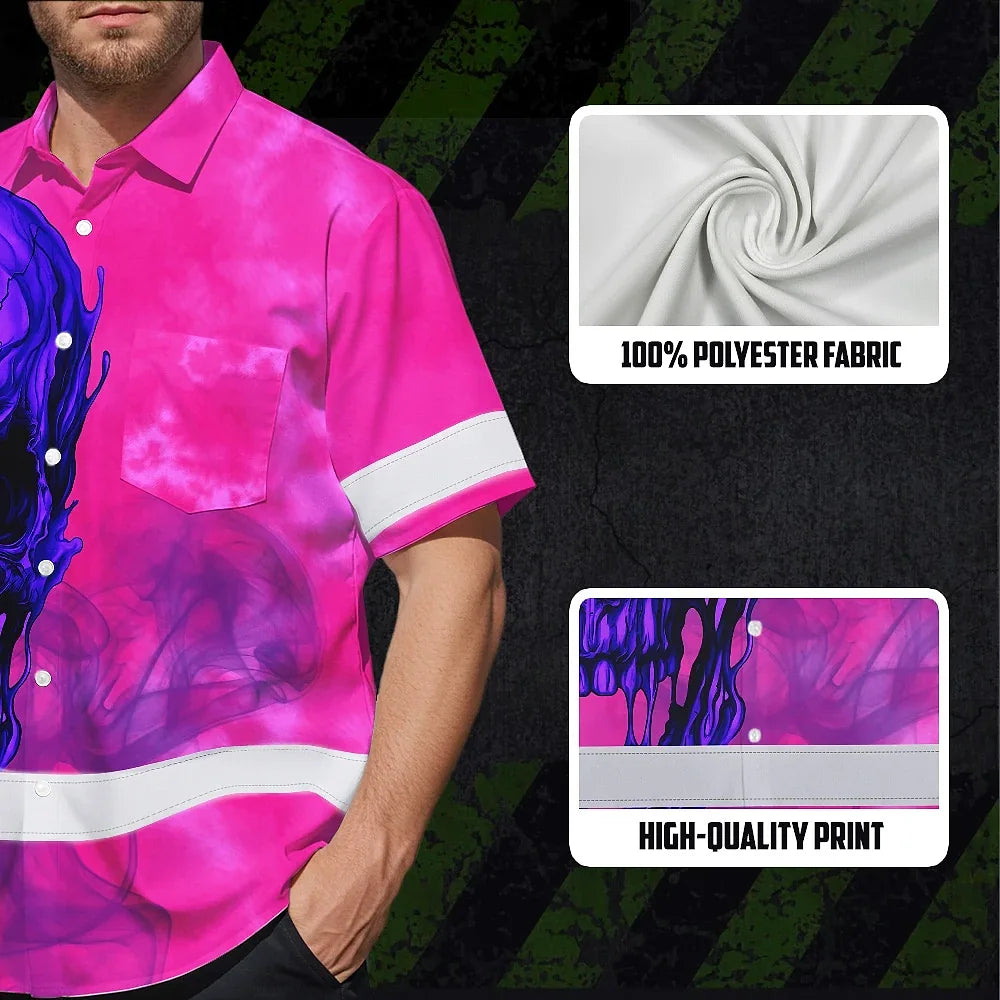 Hi Vis Hawaiian Shirt Reflective Tapes Pink Violet Skull Custom Name Safety Workwear For Workers, Truckers, Operators