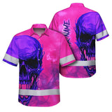 Hi Vis Hawaiian Shirt Reflective Tapes Pink Violet Skull Custom Name Safety Workwear For Workers, Truckers, Operators