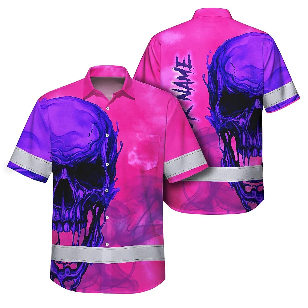Hi Vis Hawaiian Shirt Reflective Tapes Pink Violet Skull Custom Name Safety Workwear For Workers, Truckers, Operators
