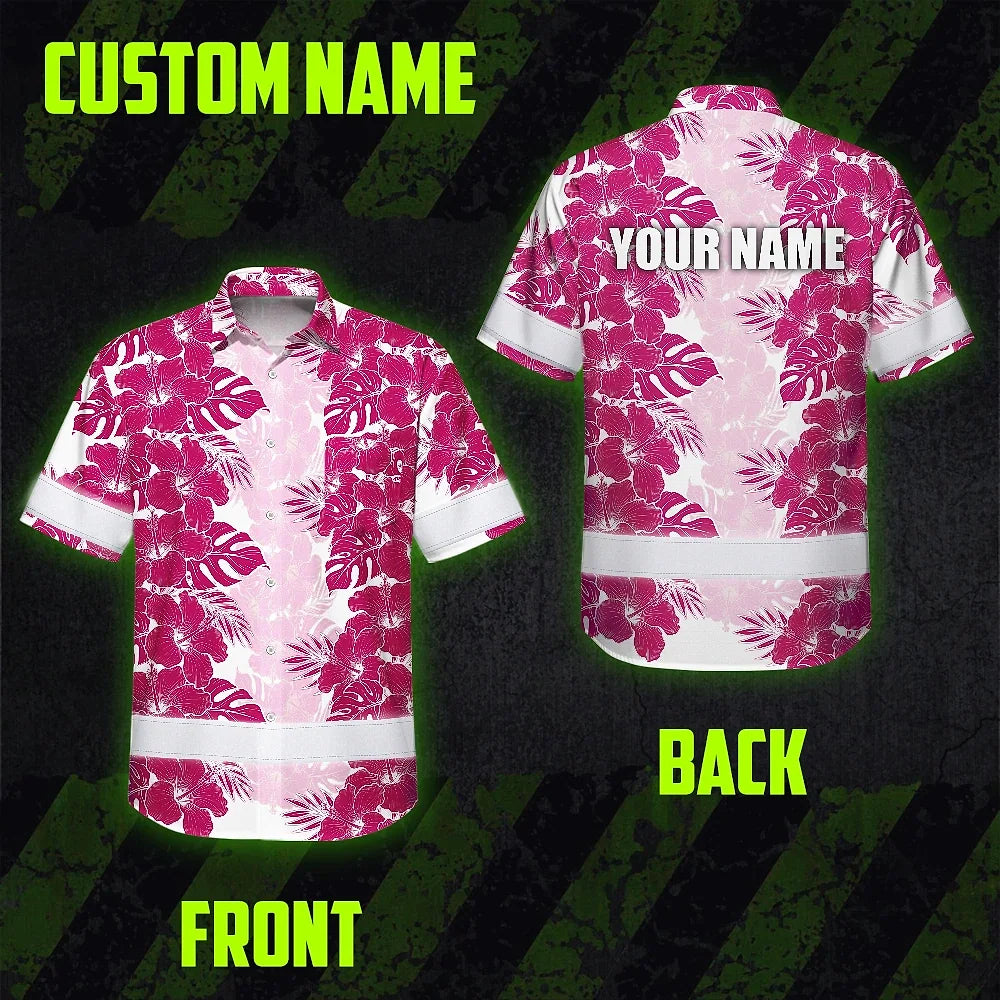 Hi Vis Hawaiian Shirt Reflective Tapes Pink White Flowers Custom Name Safety Workwear For Workers, Truckers, Operators