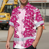 Hi Vis Hawaiian Shirt Reflective Tapes Pink White Flowers Custom Name Safety Workwear For Workers, Truckers, Operators