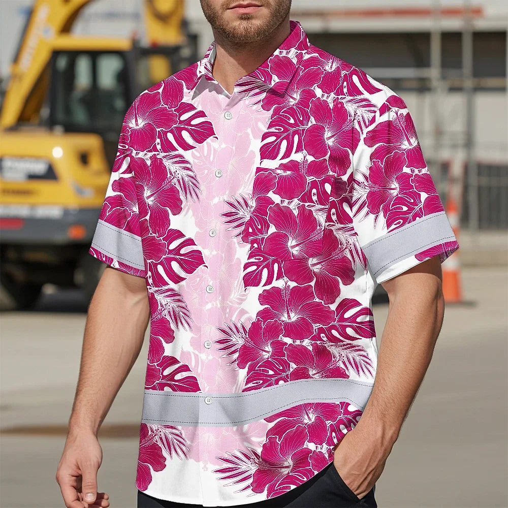 Hi Vis Hawaiian Shirt Reflective Tapes Pink White Flowers Custom Name Safety Workwear For Workers, Truckers, Operators
