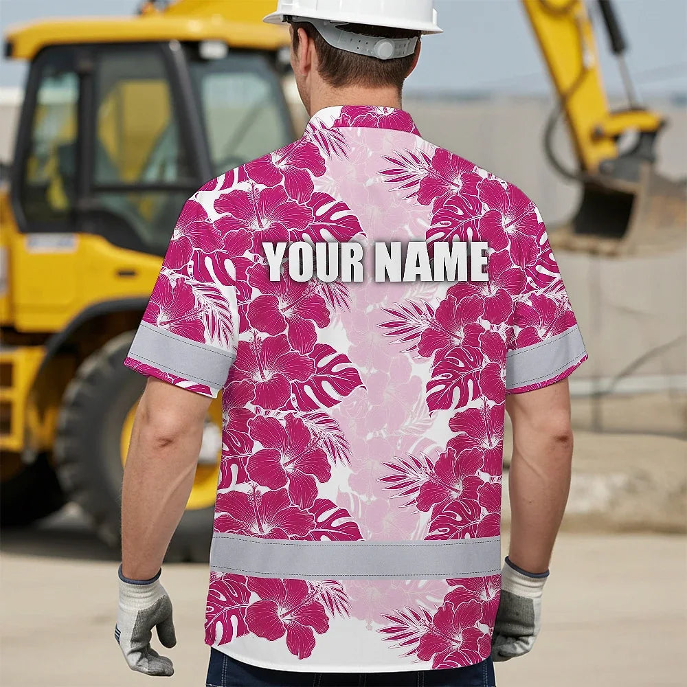 Hi Vis Hawaiian Shirt Reflective Tapes Pink White Flowers Custom Name Safety Workwear For Workers, Truckers, Operators