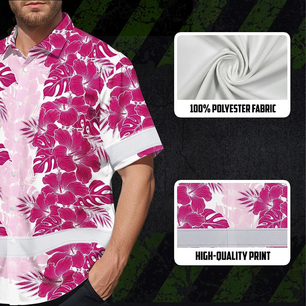 Hi Vis Hawaiian Shirt Reflective Tapes Pink White Flowers Custom Name Safety Workwear For Workers, Truckers, Operators