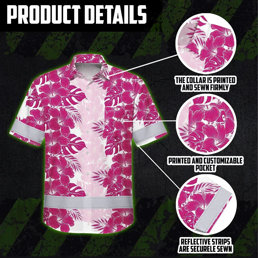 Hi Vis Hawaiian Shirt Reflective Tapes Pink White Flowers Custom Name Safety Workwear For Workers, Truckers, Operators