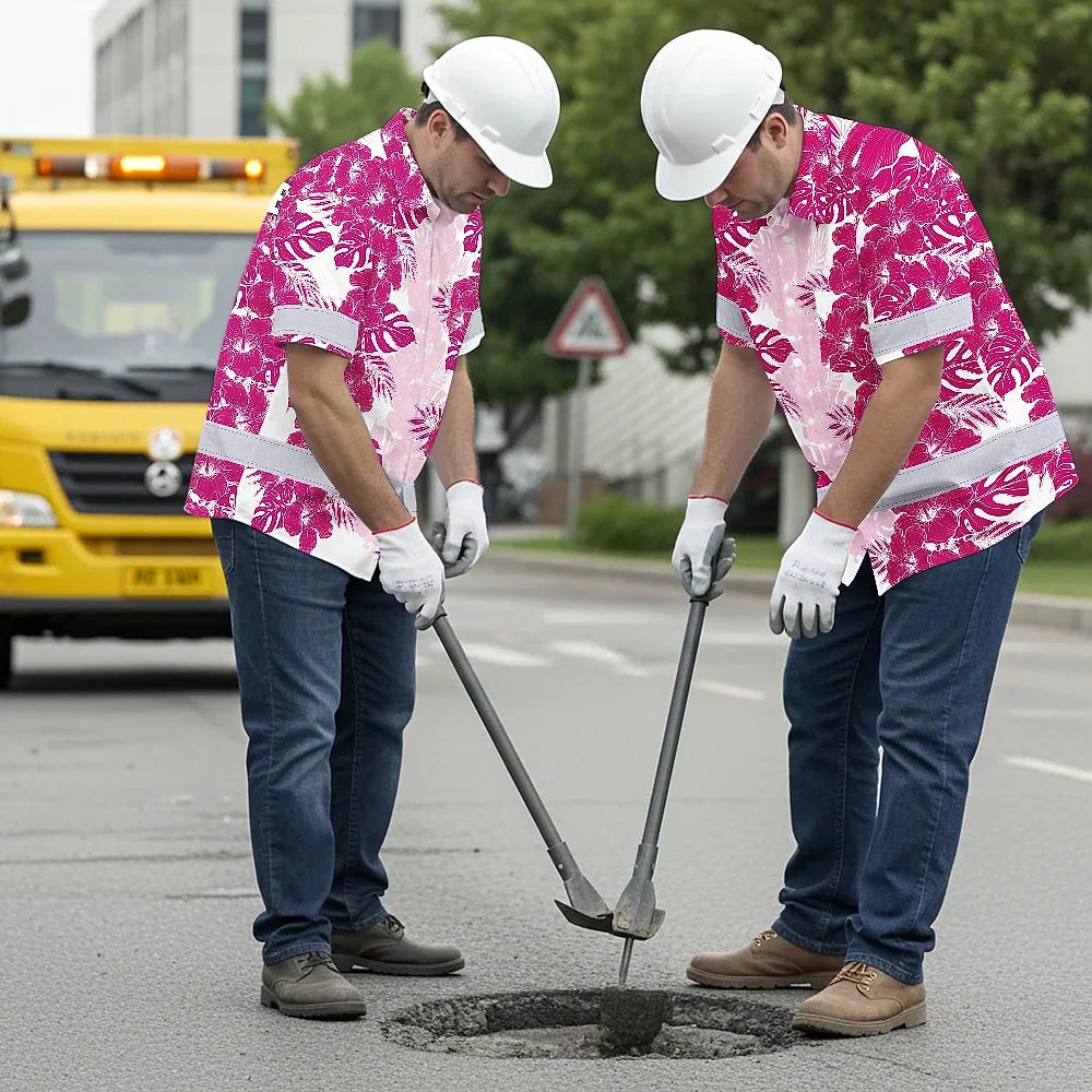 Hi Vis Hawaiian Shirt Reflective Tapes Pink White Flowers Custom Name Safety Workwear For Workers, Truckers, Operators