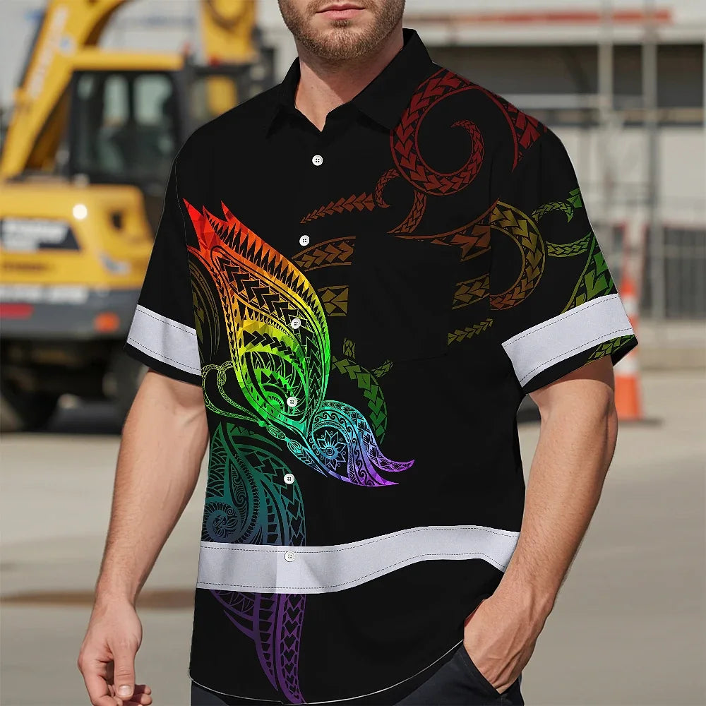 Hi Vis Hawaiian Shirt Reflective Tapes Rainbow Butterfly Polynesian Custom Name Safety Workwear For Workers, Truckers, Operators