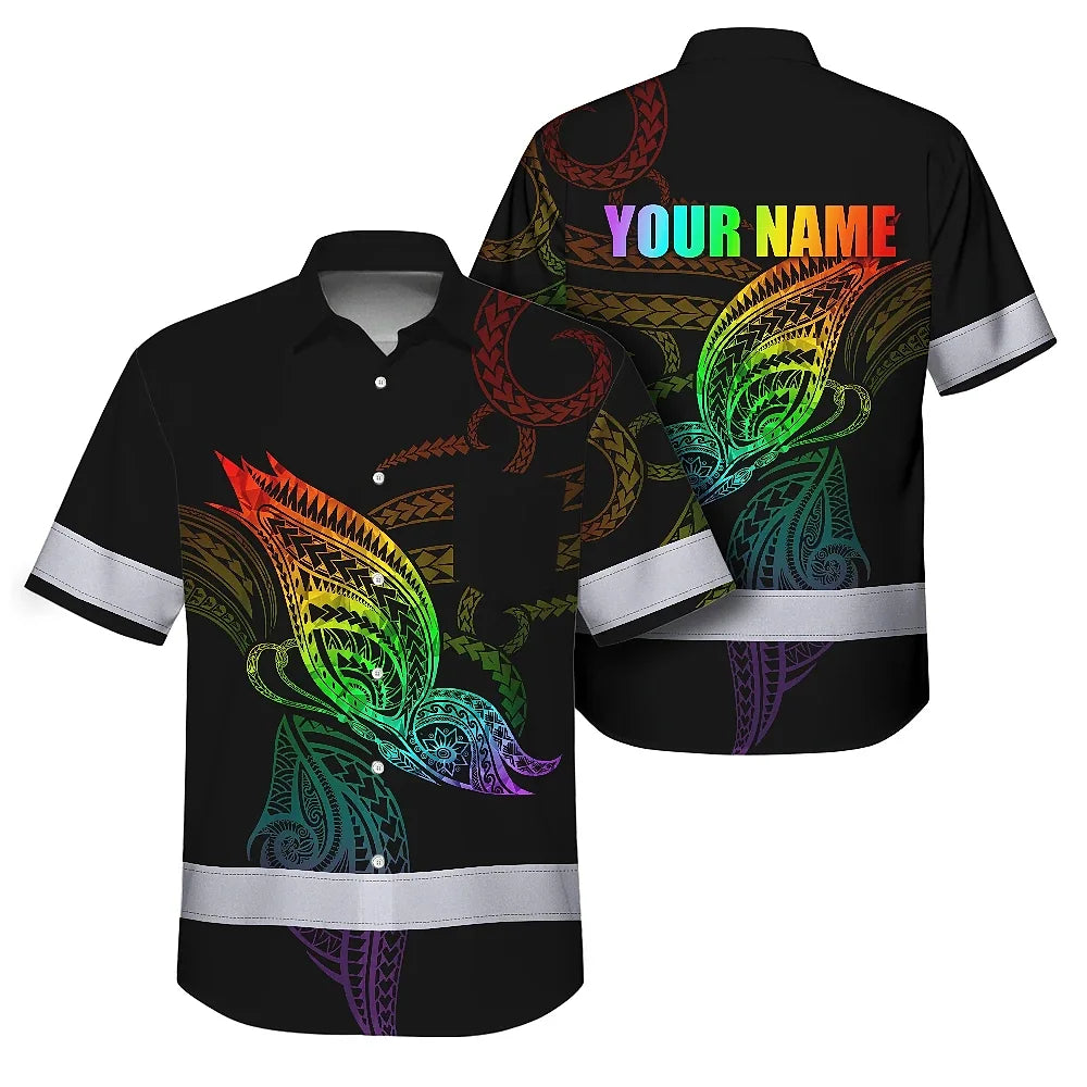 Hi Vis Hawaiian Shirt Reflective Tapes Rainbow Butterfly Polynesian Custom Name Safety Workwear For Workers, Truckers, Operators