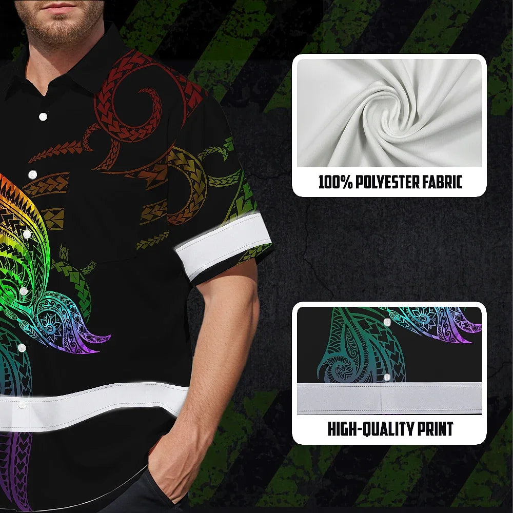Hi Vis Hawaiian Shirt Reflective Tapes Rainbow Butterfly Polynesian Custom Name Safety Workwear For Workers, Truckers, Operators