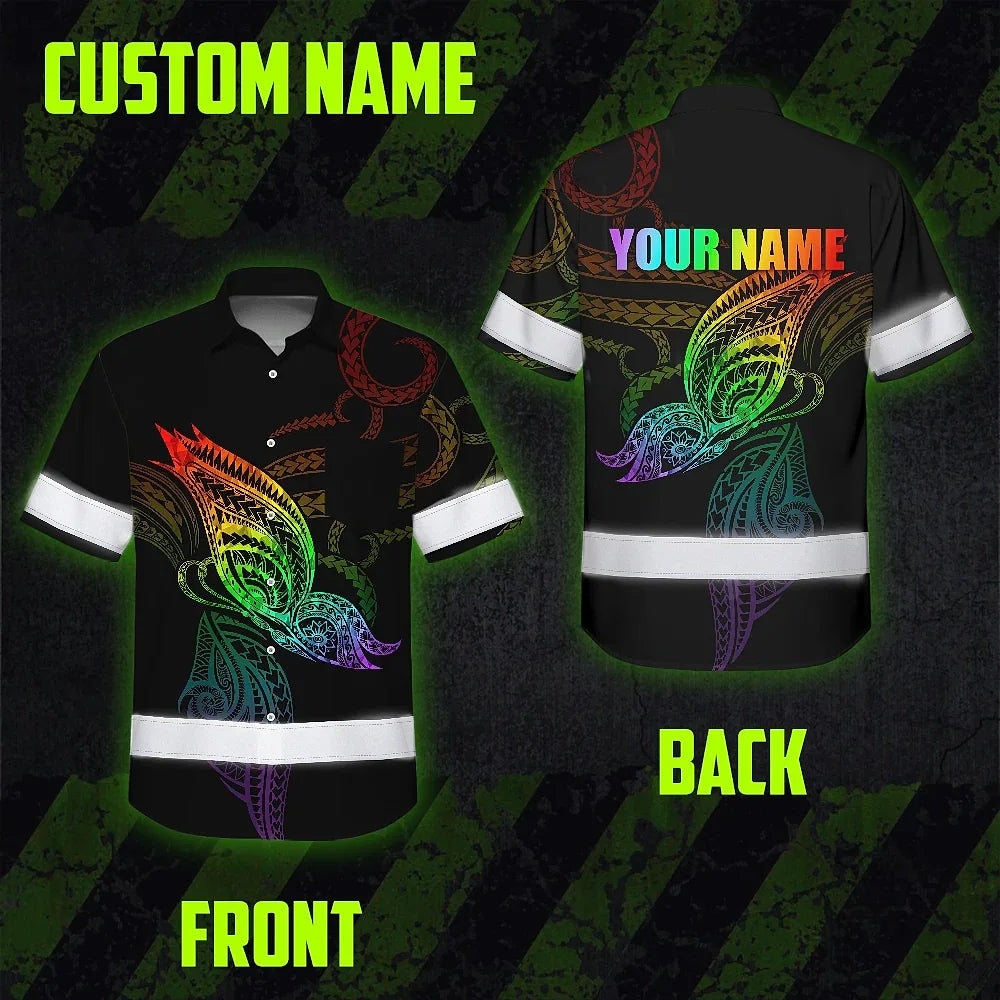 Hi Vis Hawaiian Shirt Reflective Tapes Rainbow Butterfly Polynesian Custom Name Safety Workwear For Workers, Truckers, Operators