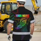 Hi Vis Hawaiian Shirt Reflective Tapes Rainbow Butterfly Polynesian Custom Name Safety Workwear For Workers, Truckers, Operators