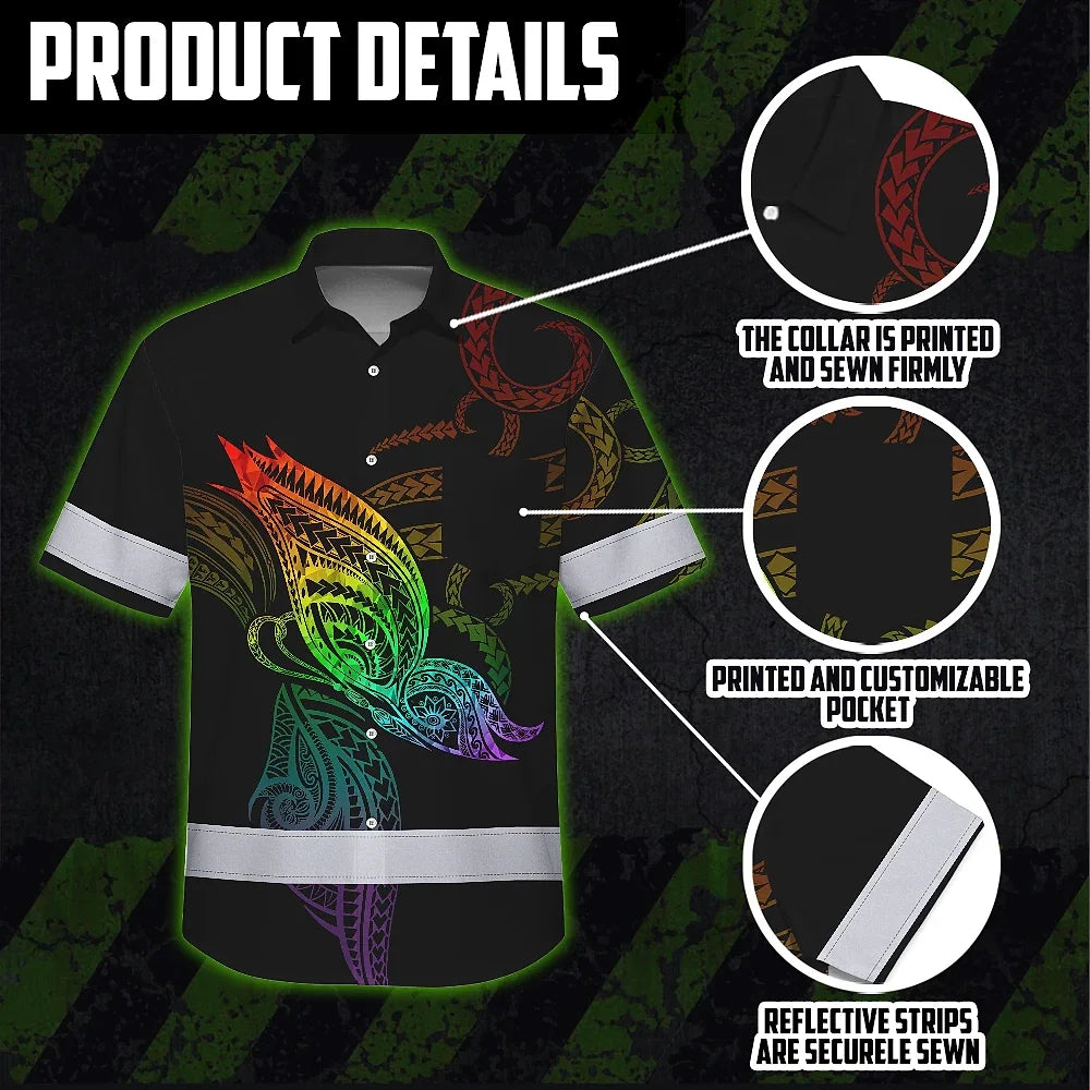 Hi Vis Hawaiian Shirt Reflective Tapes Rainbow Butterfly Polynesian Custom Name Safety Workwear For Workers, Truckers, Operators