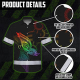 Hi Vis Hawaiian Shirt Reflective Tapes Rainbow Butterfly Polynesian Custom Name Safety Workwear For Workers, Truckers, Operators