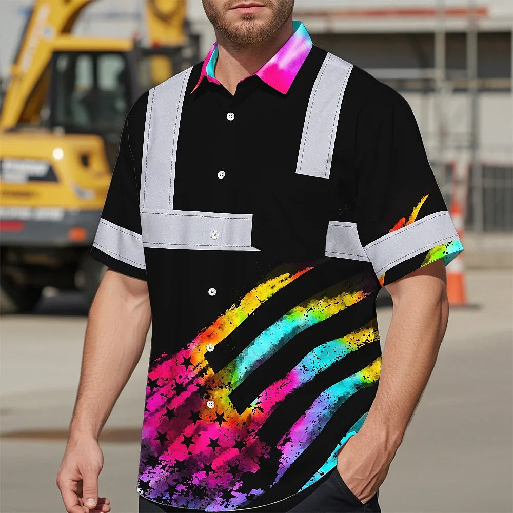 Hi Vis Hawaiian Shirt Reflective Tapes Rainbow Flag Tie Dye Custom Name Safety Workwear For Workers, Runners, Cyclists