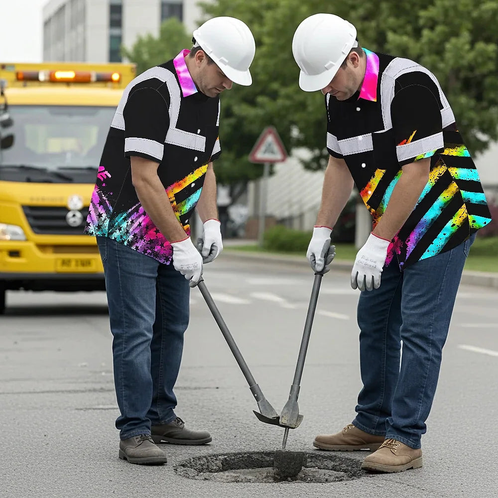 Hi Vis Hawaiian Shirt Reflective Tapes Rainbow Flag Tie Dye Custom Name Safety Workwear For Workers, Runners, Cyclists