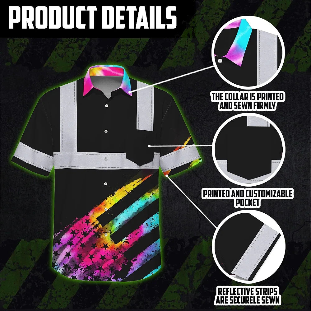 Hi Vis Hawaiian Shirt Reflective Tapes Rainbow Flag Tie Dye Custom Name Safety Workwear For Workers, Runners, Cyclists