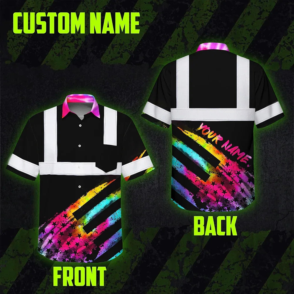 Hi Vis Hawaiian Shirt Reflective Tapes Rainbow Flag Tie Dye Custom Name Safety Workwear For Workers, Runners, Cyclists