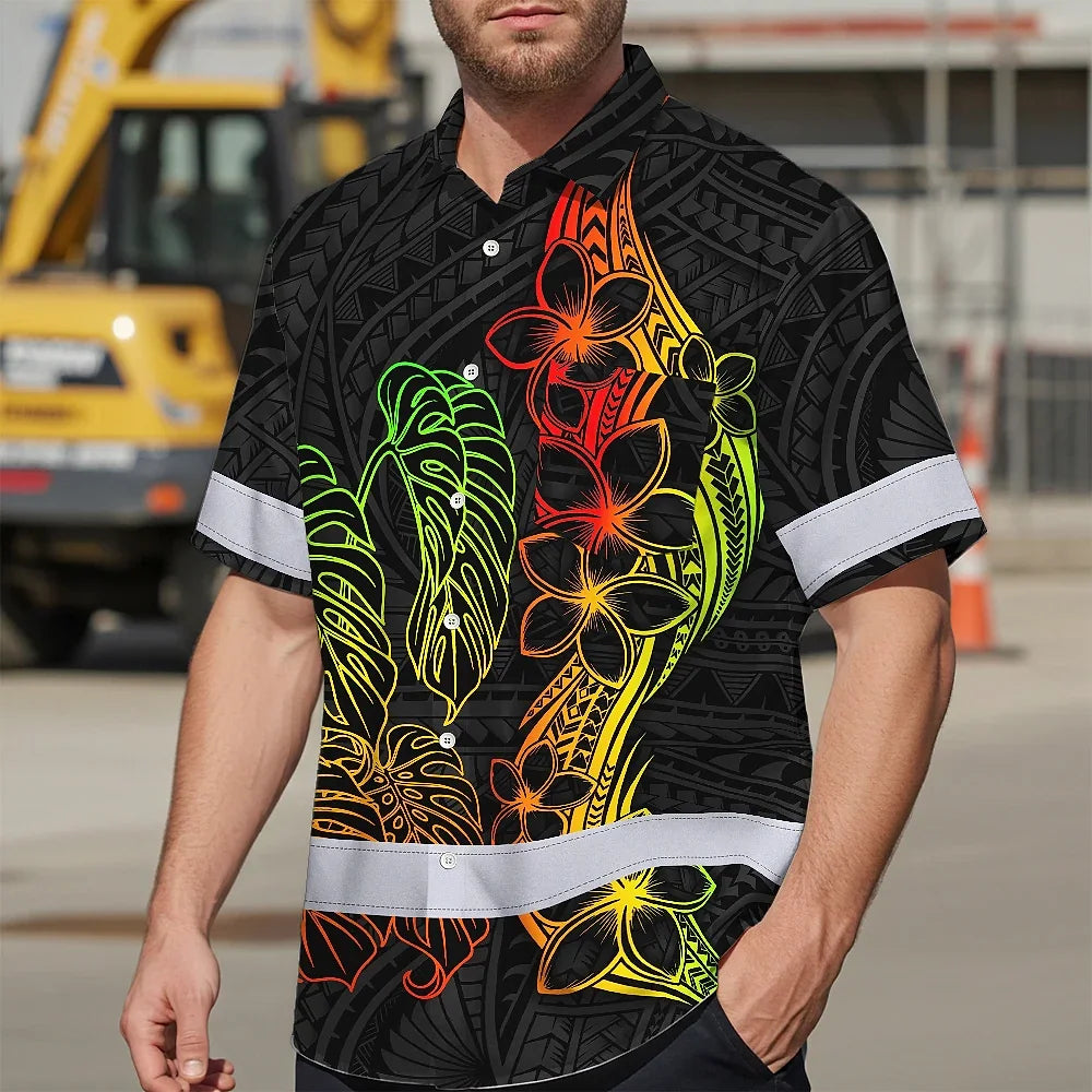 Hi Vis Hawaiian Shirt Reflective Tapes Rainbow Polynesian Tribal Custom Name Safety Workwear For Workers, Truckers, Operators