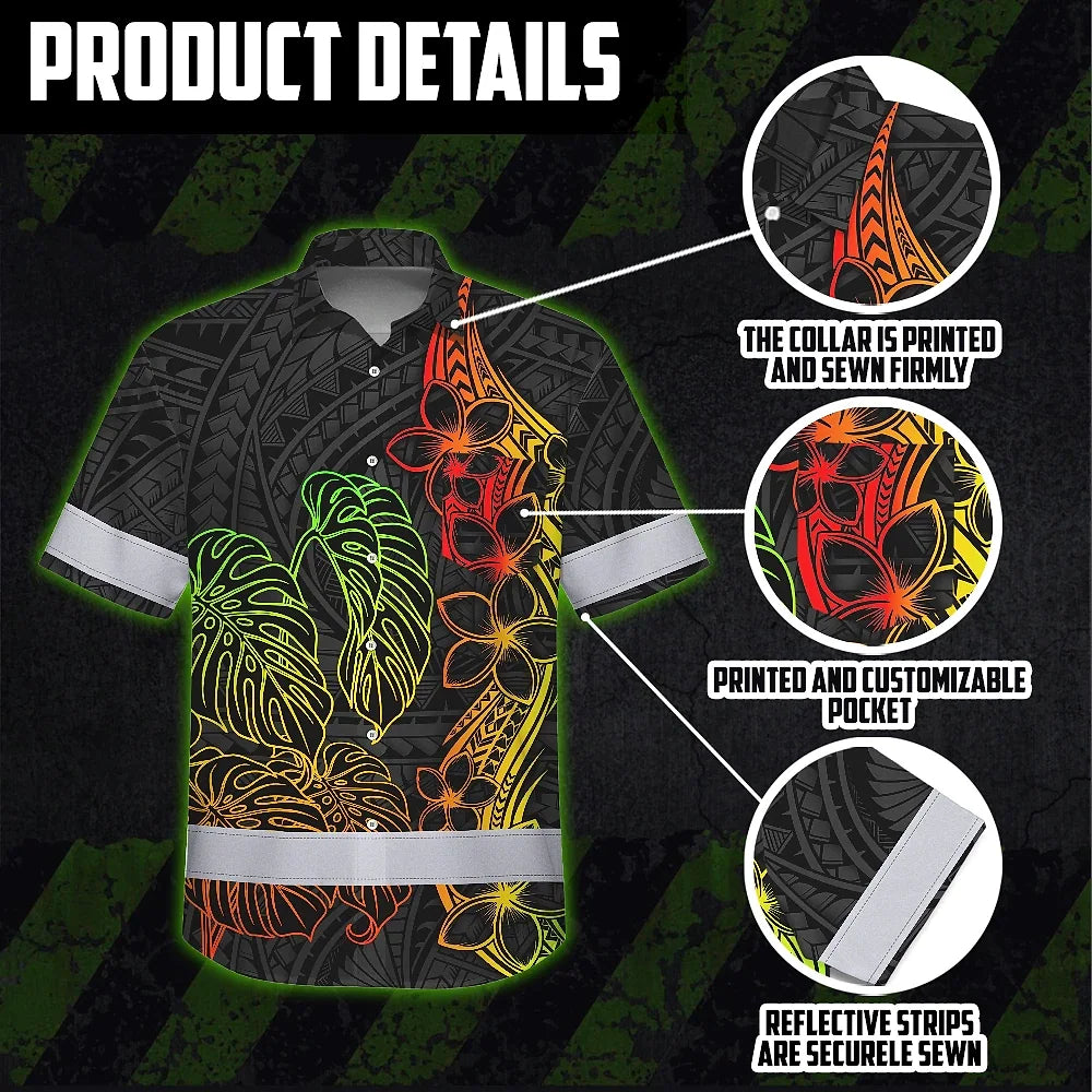 Hi Vis Hawaiian Shirt Reflective Tapes Rainbow Polynesian Tribal Custom Name Safety Workwear For Workers, Truckers, Operators