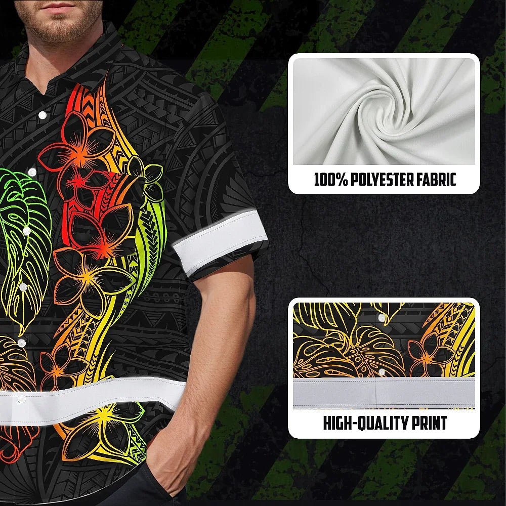 Hi Vis Hawaiian Shirt Reflective Tapes Rainbow Polynesian Tribal Custom Name Safety Workwear For Workers, Truckers, Operators