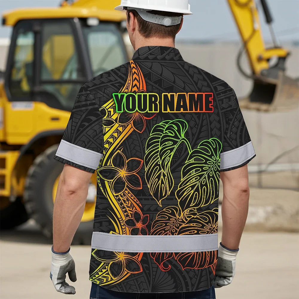 Hi Vis Hawaiian Shirt Reflective Tapes Rainbow Polynesian Tribal Custom Name Safety Workwear For Workers, Truckers, Operators