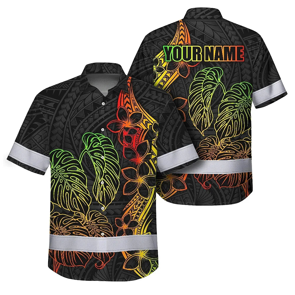 Hi Vis Hawaiian Shirt Reflective Tapes Rainbow Polynesian Tribal Custom Name Safety Workwear For Workers, Truckers, Operators