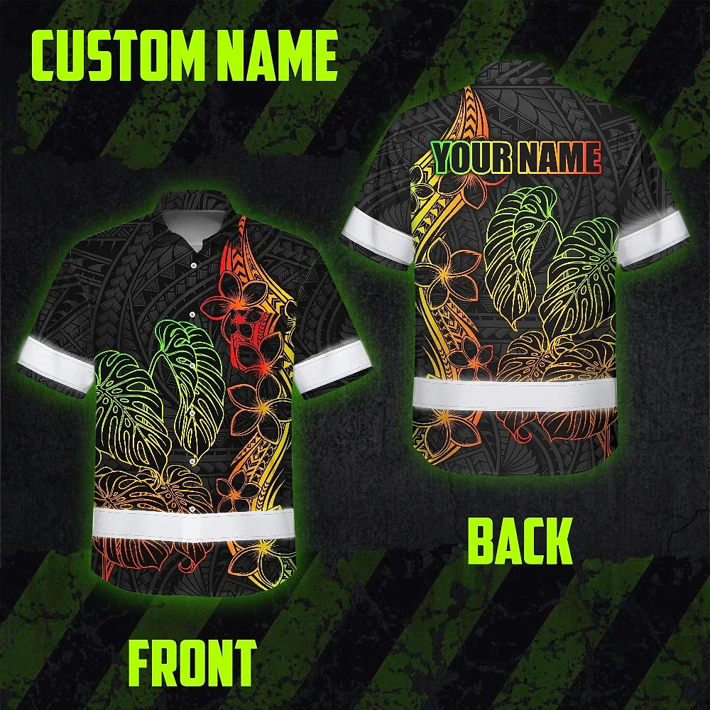 Hi Vis Hawaiian Shirt Reflective Tapes Rainbow Polynesian Tribal Custom Name Safety Workwear For Workers, Truckers, Operators