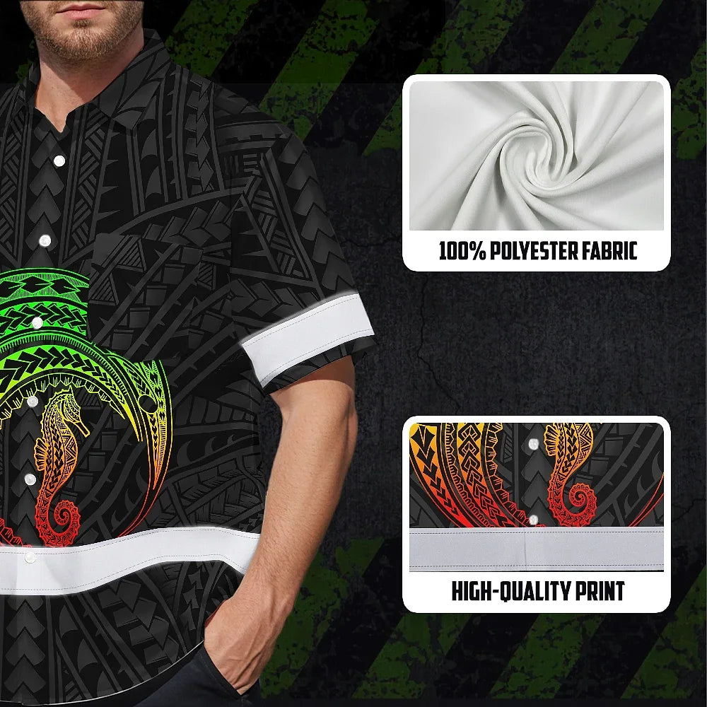 Hi Vis Hawaiian Shirt Reflective Tapes Rainbow Seahorse Polynesian Custom Name Safety Workwear For Workers, Truckers, Operators